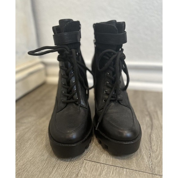 New Antonio Melani 9.5 Perline Leather Lac Up Platform Heel Booties Black - Picture 2 of 7